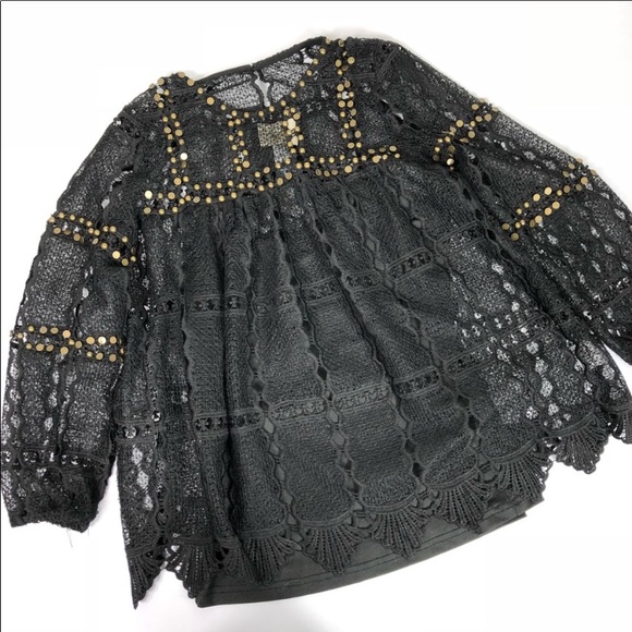 Anthro Maeve Black Crochet Lace Bronze Stud Embellished Blouse - Picture 5 of 7